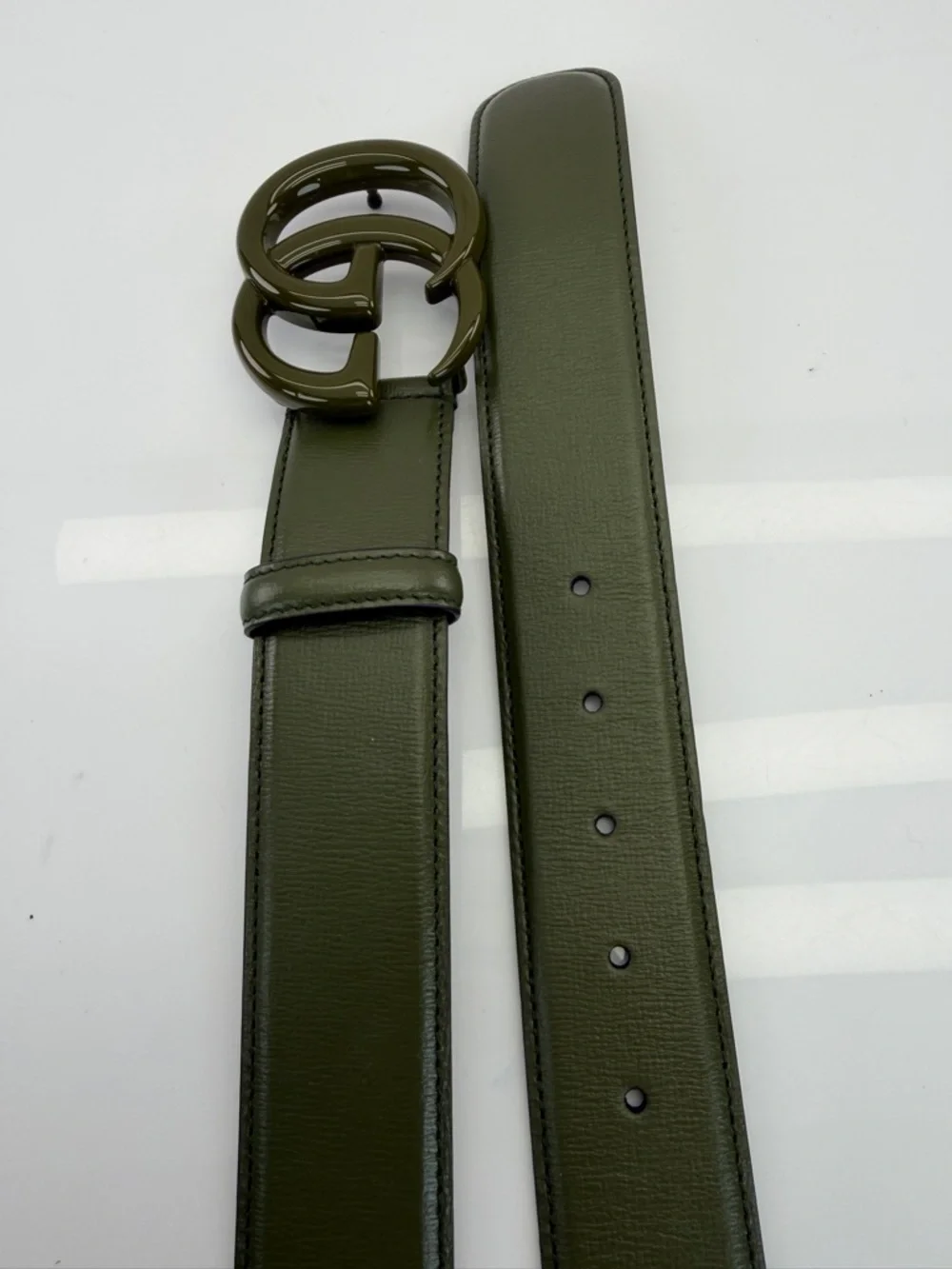 Authentic Gucci Monochrome Gg Wide Marmont Enamel Green Belt 75/30 400593